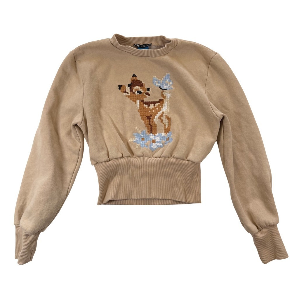 Zara Disney Classics Bambi Sweatshirt Tan Cropped Ribbed Waistband Women Small